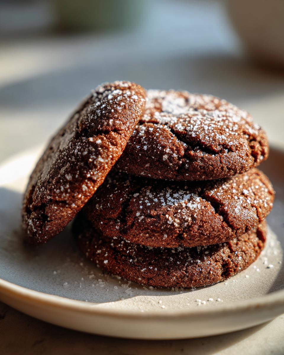 A stack of three rich, dark soft gingerbread cookies dusted with sparkling sugar.