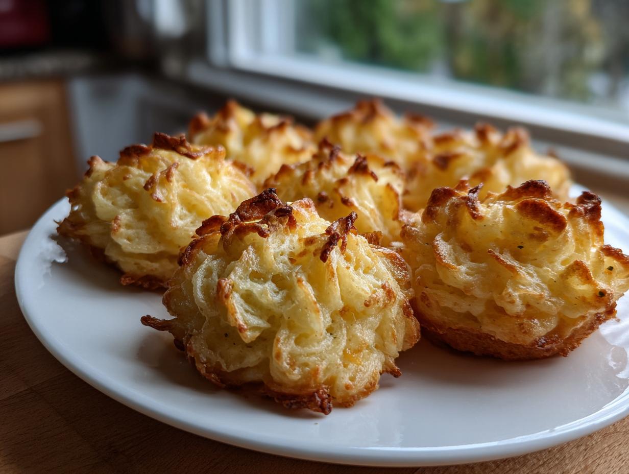 A plate of beautifully piped and baked duchess potatoes with golden brown, crispy edges.