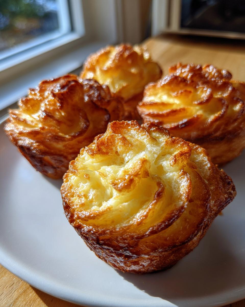 Four perfectly piped and baked duchess potatoes with crispy, golden-brown edges on a white plate.
