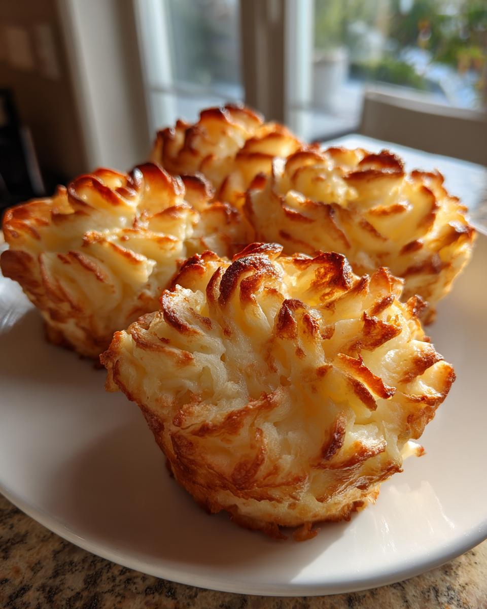 Three perfectly piped and baked duchess potatoes with golden brown, crispy edges on a white plate.