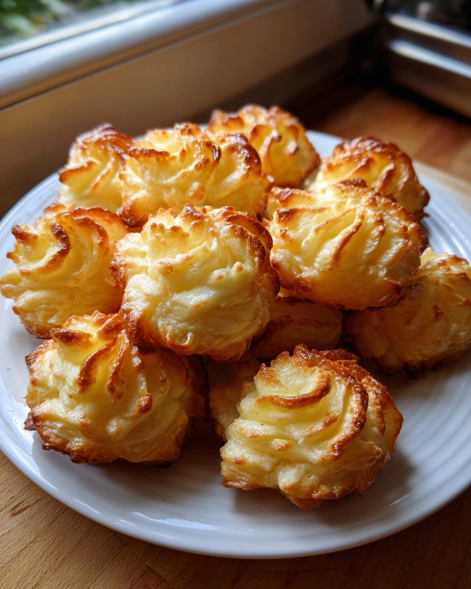A pile of perfectly piped and baked duchess potatoes with golden brown, crispy edges on a white plate.