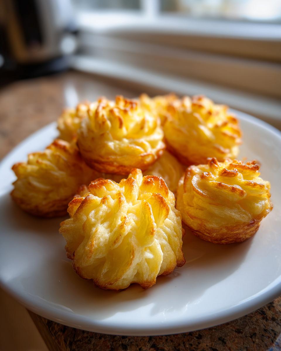A plate featuring several perfectly piped and baked duchess potatoes with golden brown, crispy edges.