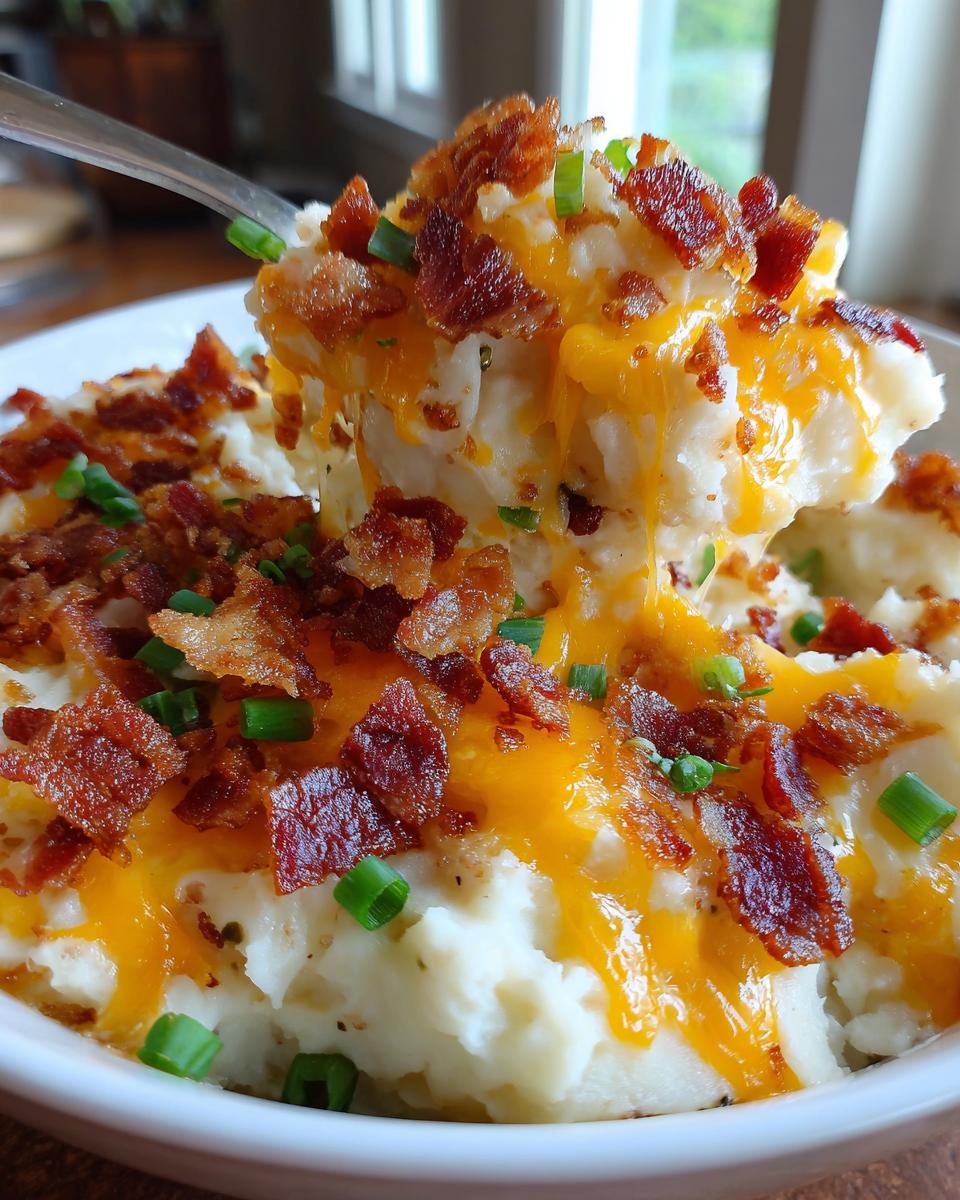 A spoonful of creamy easy crockpot potato soup topped with melted cheddar cheese, bacon bits, and green onions.