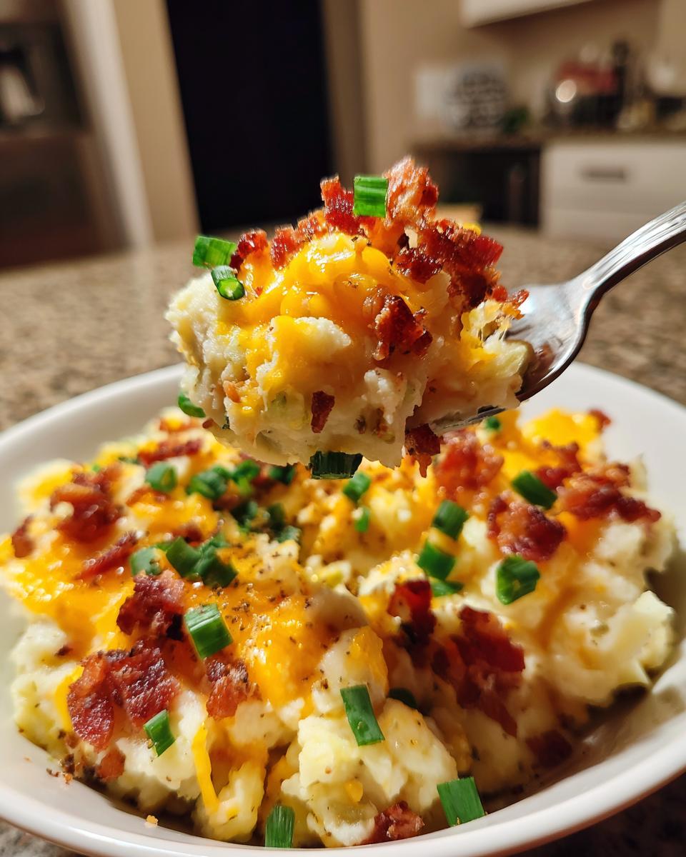 A spoonful of thick, loaded easy crockpot potato soup topped with melted cheddar, bacon bits, and chives.