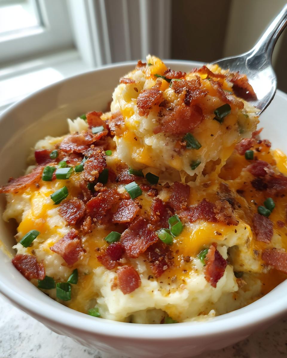 A spoonful of thick, cheesy easy crockpot potato soup topped with bacon bits and chives.