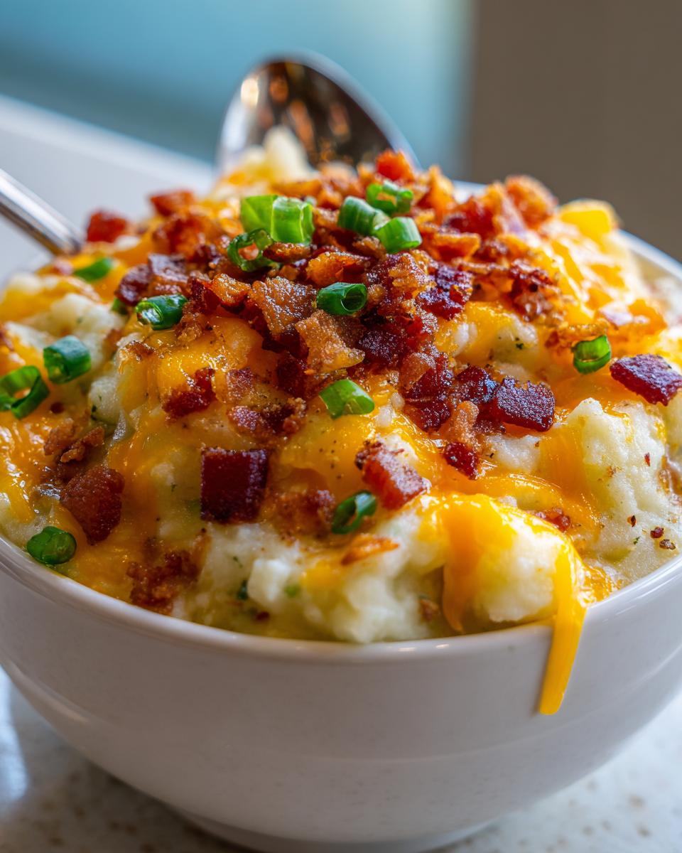 Close-up of creamy easy crockpot potato soup topped with melted cheddar cheese, bacon bits, and green onions.