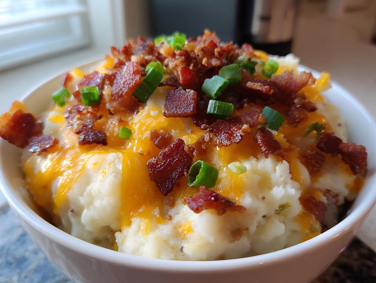 Close-up of creamy easy crockpot potato soup topped with melted cheddar cheese, bacon bits, and green onions.