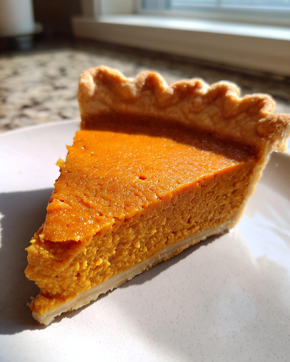 A perfect slice of easy pumpkin pie with a flaky crust resting on a light plate in bright sunlight.