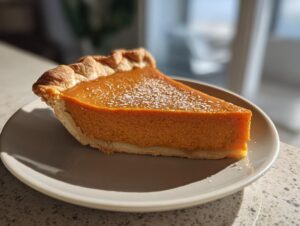 A perfect slice of easy pumpkin pie with a flaky crust, served on a small plate.