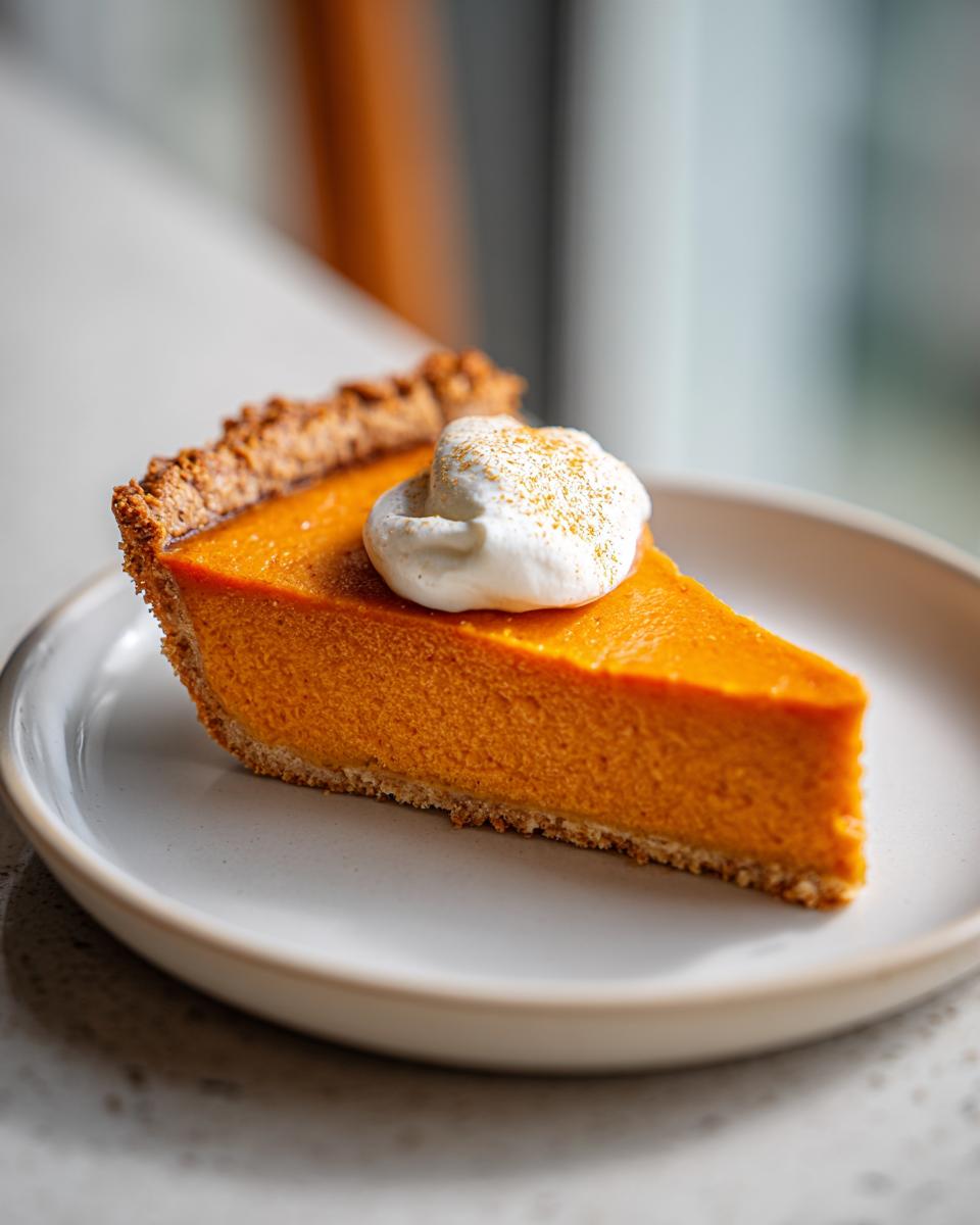 A perfect slice of easy pumpkin pie with a thick, creamy orange filling and a dollop of whipped cream.