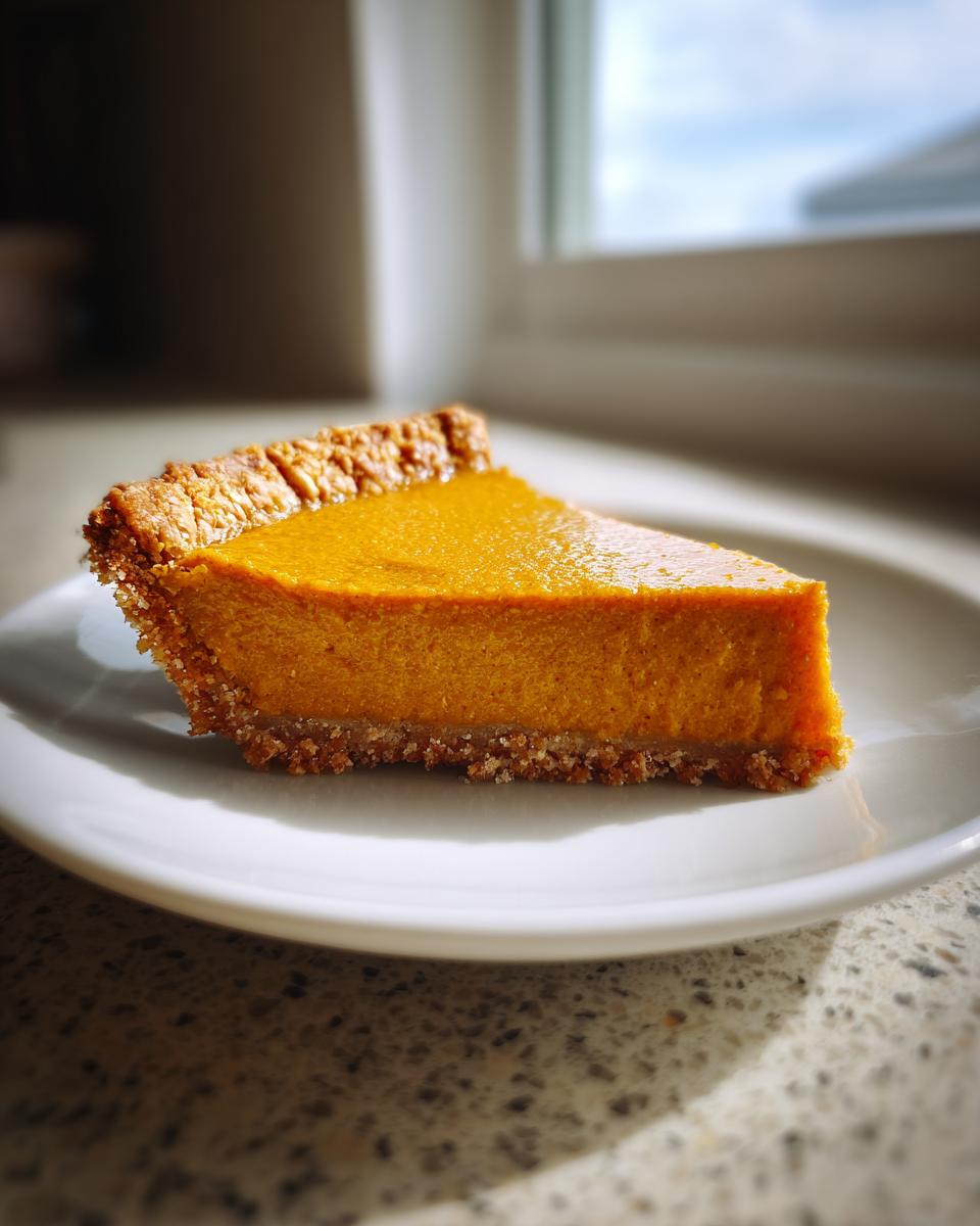 A perfect slice of easy pumpkin pie with a thick, vibrant orange filling and crumbly crust on a white plate.