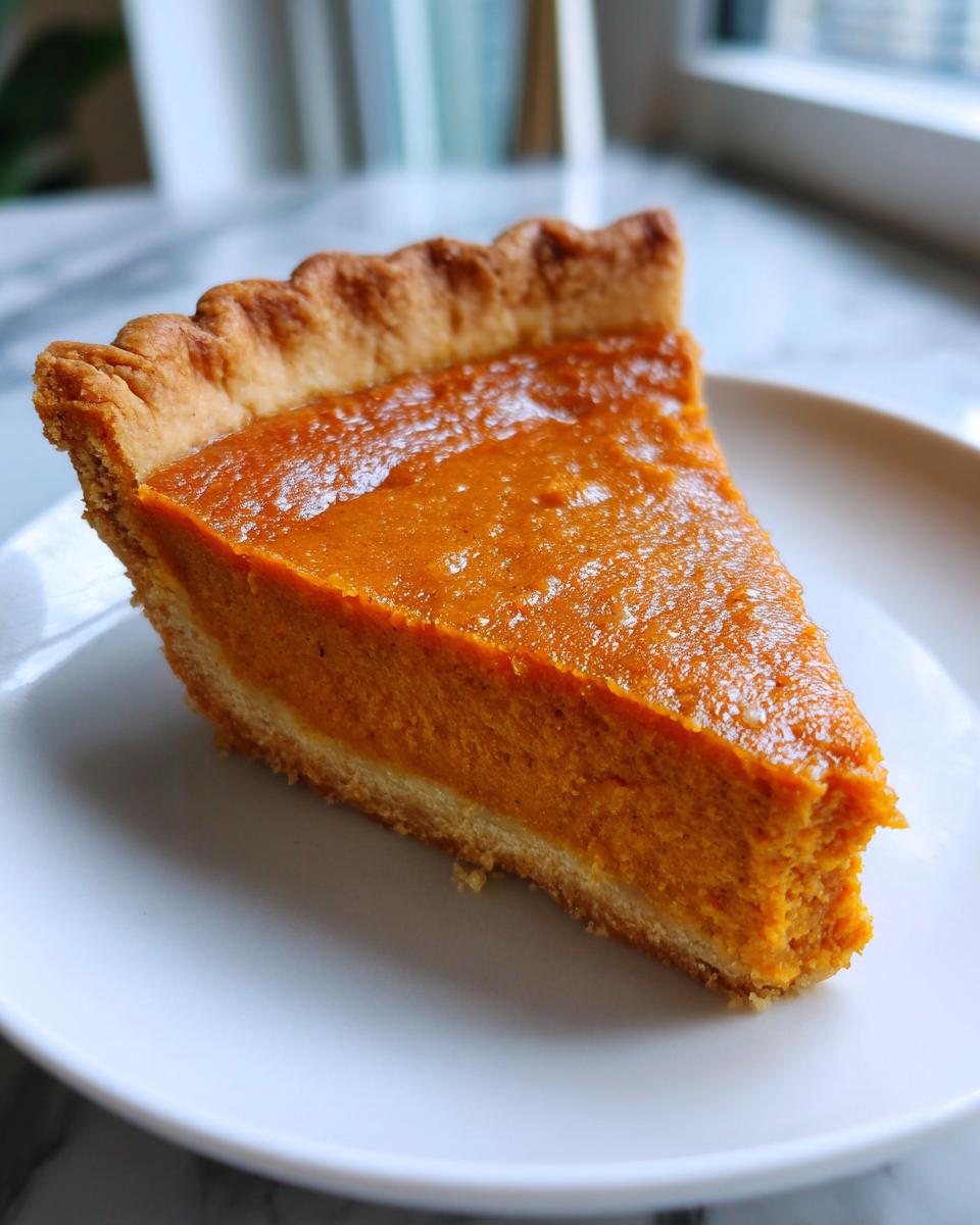 A perfect slice of easy pumpkin pie showing its rich orange filling and flaky crust on a white plate.