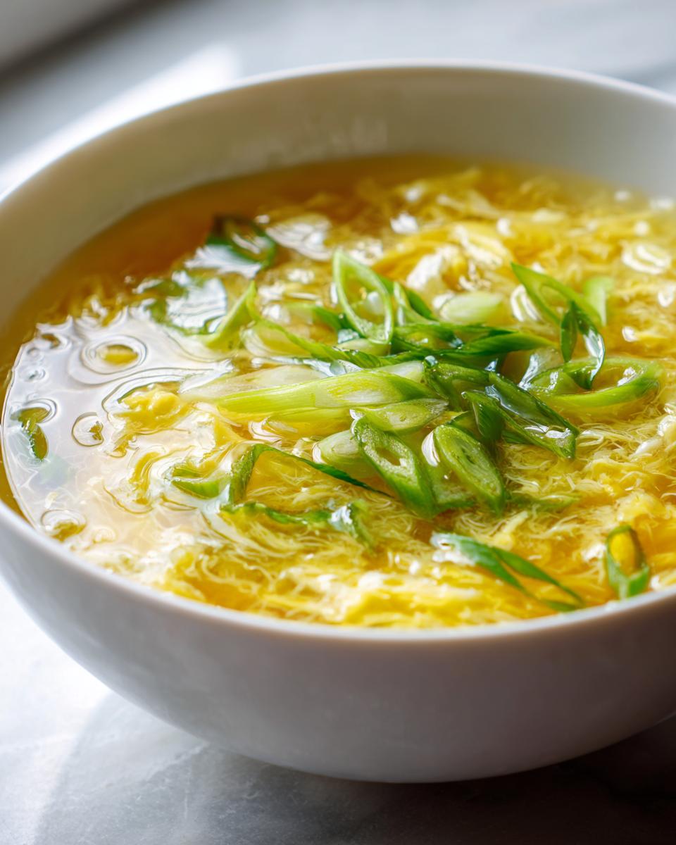 A close-up of a white bowl filled with bright yellow egg drop soup, garnished with fresh green scallions.