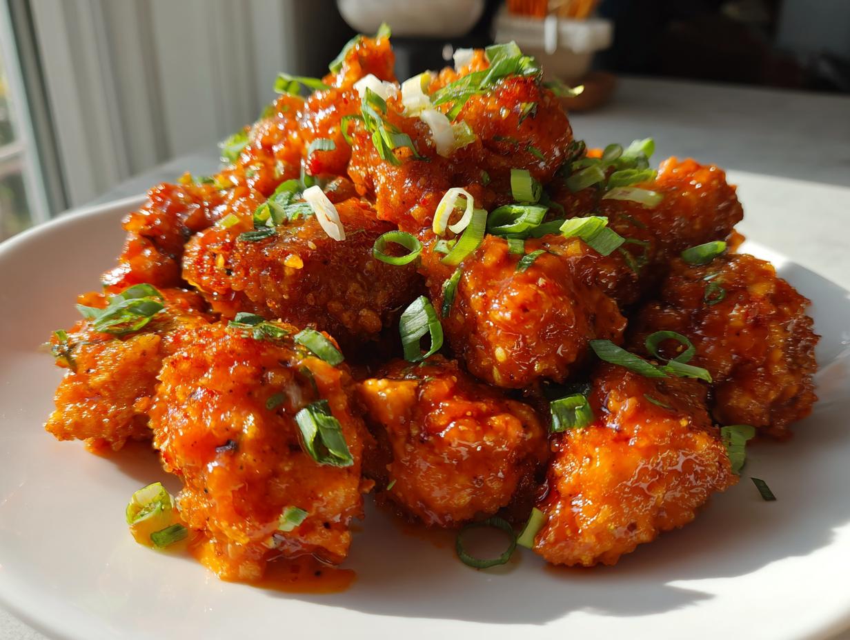 Close-up of crispy, saucy bang bang chicken pieces piled high and garnished with fresh green onions.
