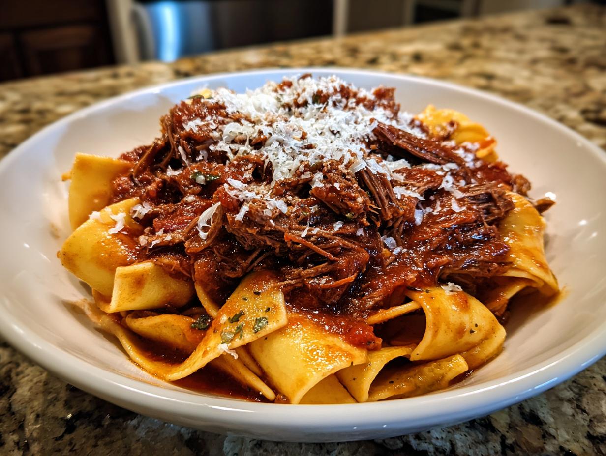 Close-up of a white bowl filled with wide pappardelle pasta topped generously with rich beef ragu and grated Parmesan cheese.
