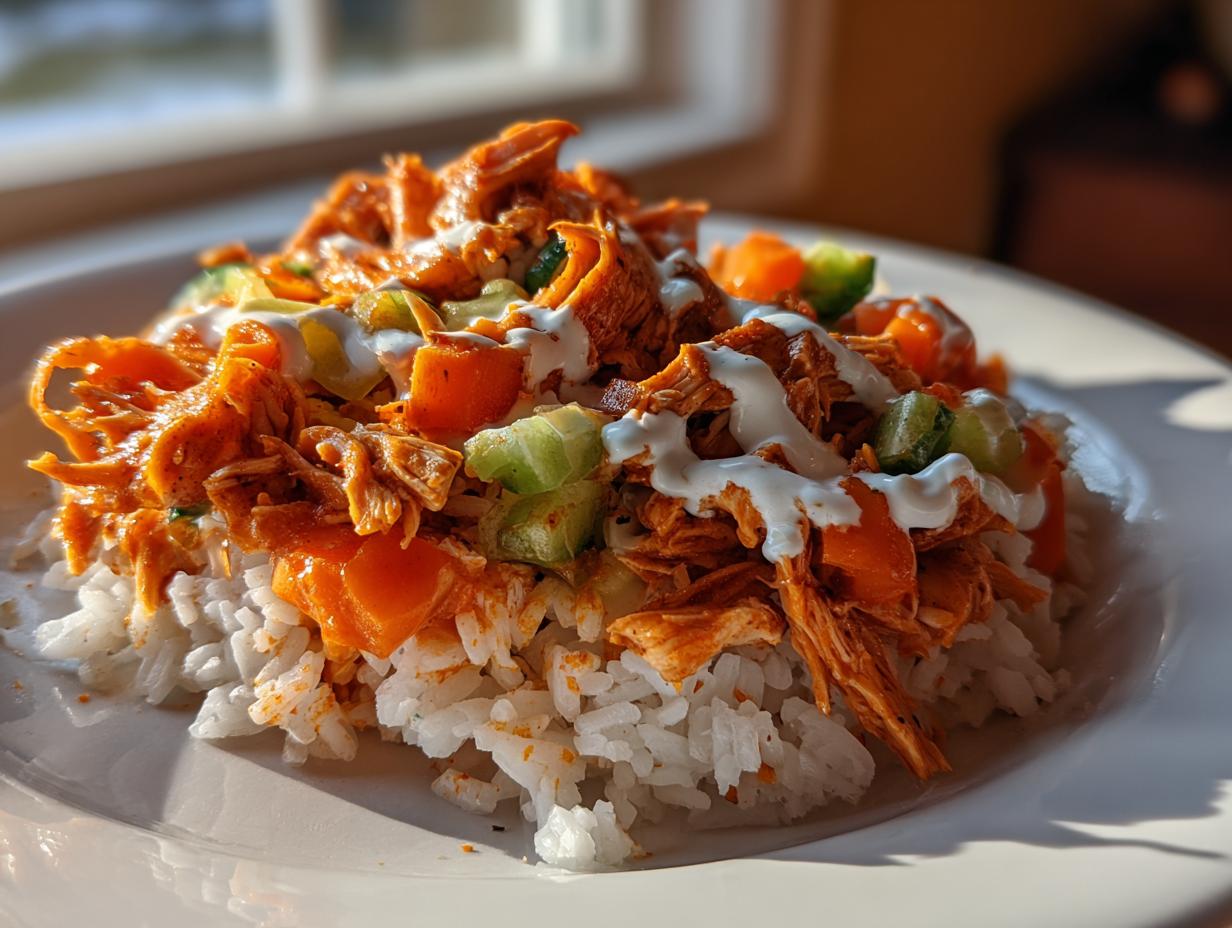 A close-up of a delicious buffalo chicken bowl featuring shredded orange buffalo chicken over white rice, topped with diced celery and a drizzle of ranch dressing.