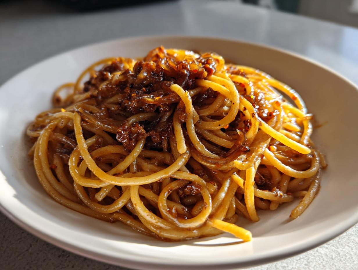 Close-up of glossy spaghetti tossed with dark, rich caramelized onion pasta sauce in a light bowl.