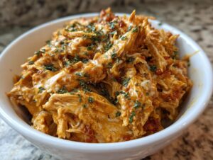Close-up of creamy, shredded crockpot marry me chicken topped with melted cheese and fresh parsley.