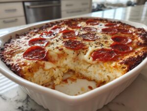 A close-up of a baked pepperoni pizza dip in a white dish, showing a scoop removed to reveal the creamy cheese interior.