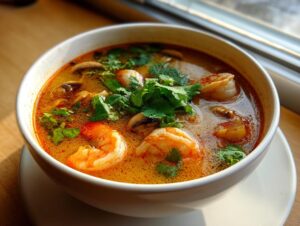 Close-up of a steaming bowl of rich, orange-red Tom Yum soup featuring large shrimp and fresh cilantro.