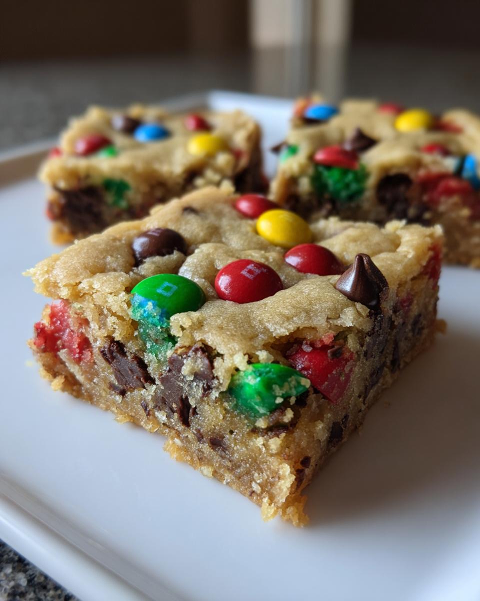 A close-up of a thick, chewy slice of Christmas cookie bars loaded with chocolate chips and colorful M&Ms.