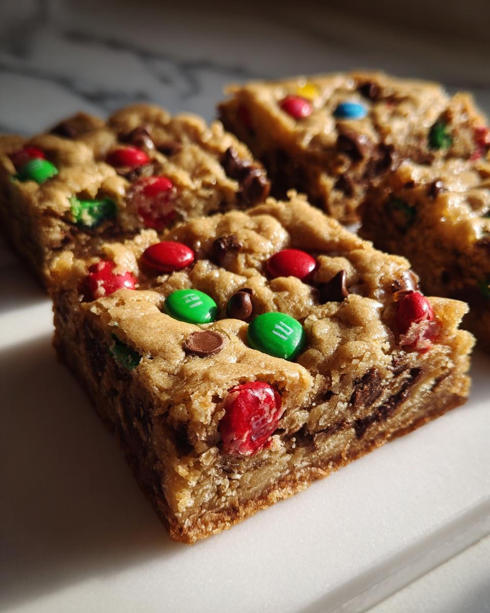 Close-up of thick, chewy Christmas cookie bars loaded with chocolate chips and red and green M&Ms.