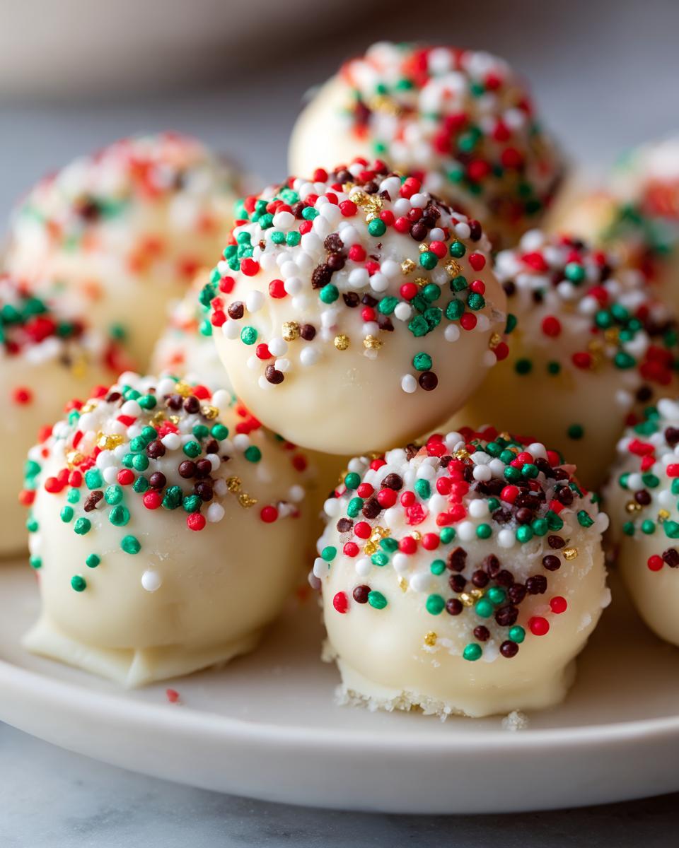 Close-up of several white chocolate coated sugar cookie truffles decorated with red, green, white, and gold sprinkles.