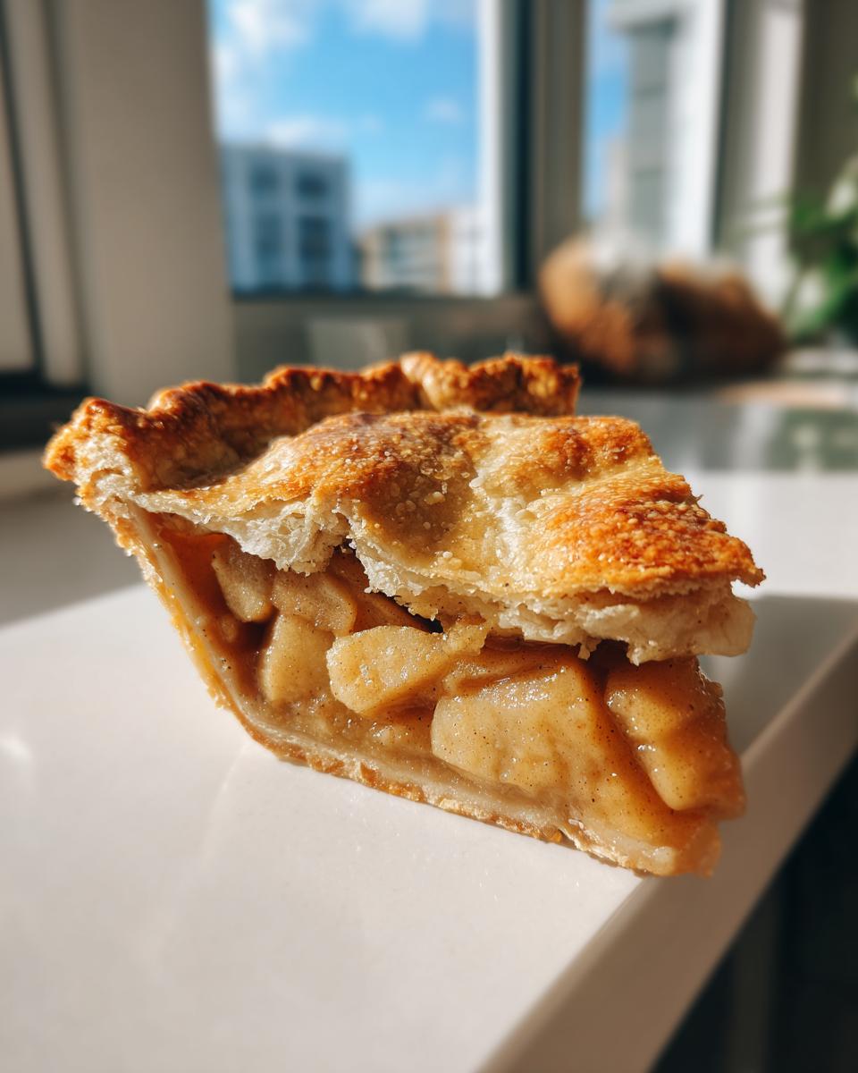 Close-up of a slice of homemade apple pie recipe showing flaky crust and cinnamon-spiced apple filling.