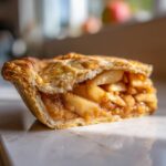 Close-up of a thick slice of apple pie recipe showing flaky crust and caramelized apple filling.