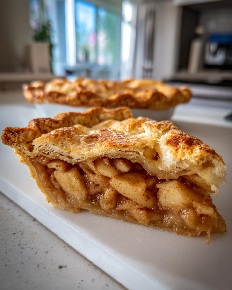 Close-up of a thick slice of apple pie recipe showing flaky golden crust and rich cinnamon apple filling.