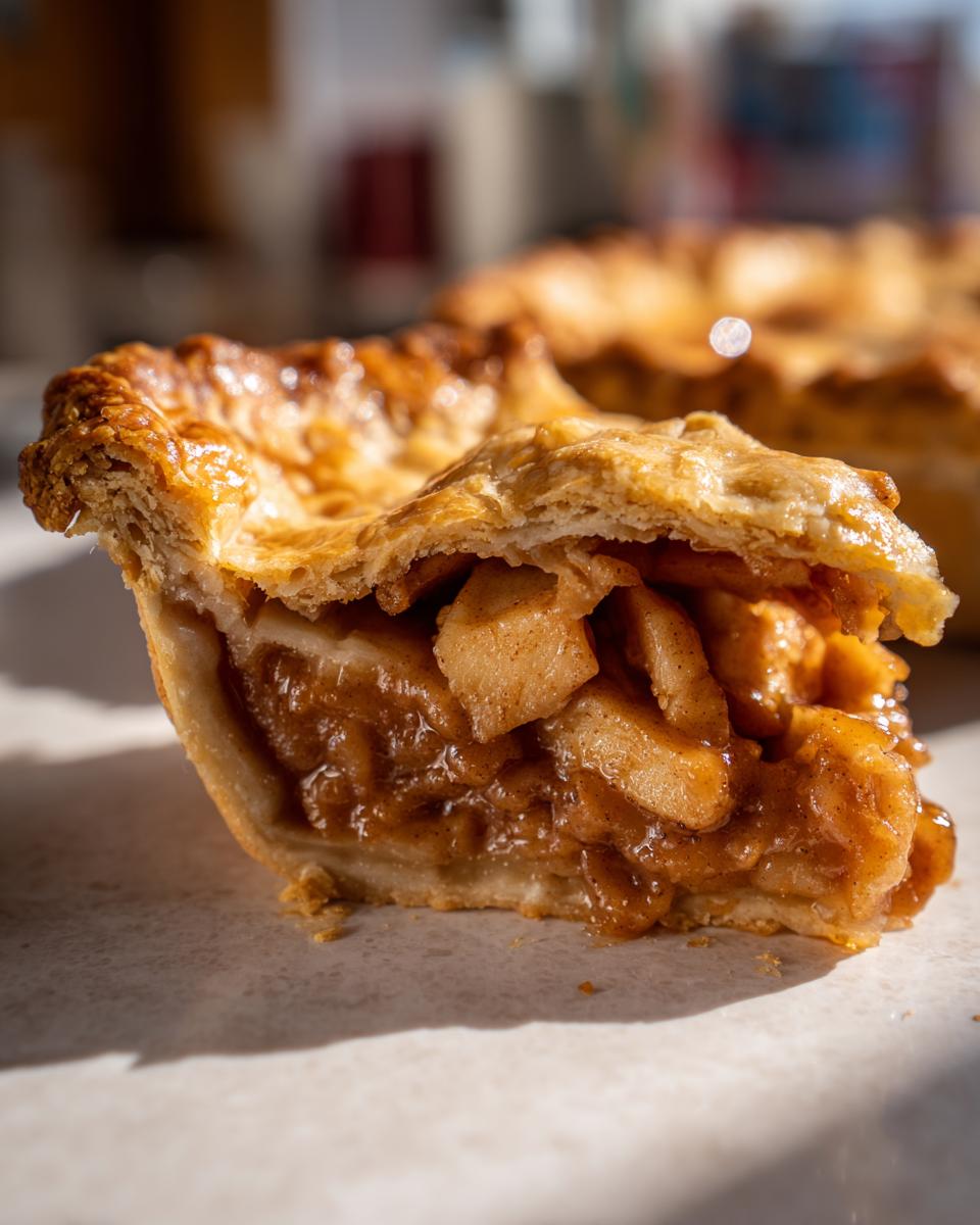 Close-up of a thick slice from an apple pie recipe showing flaky golden crust and rich, cinnamon-spiced apple filling.