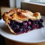 Close-up of a thick slice of blueberry pie recipe showing juicy, dark blueberries and a flaky golden crust.