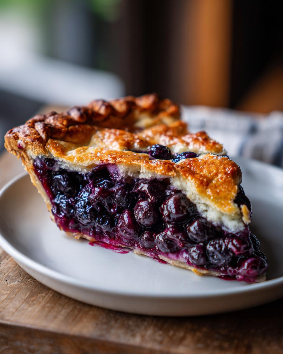 A close-up of a thick slice of blueberry pie recipe showing juicy filling and flaky golden crust.