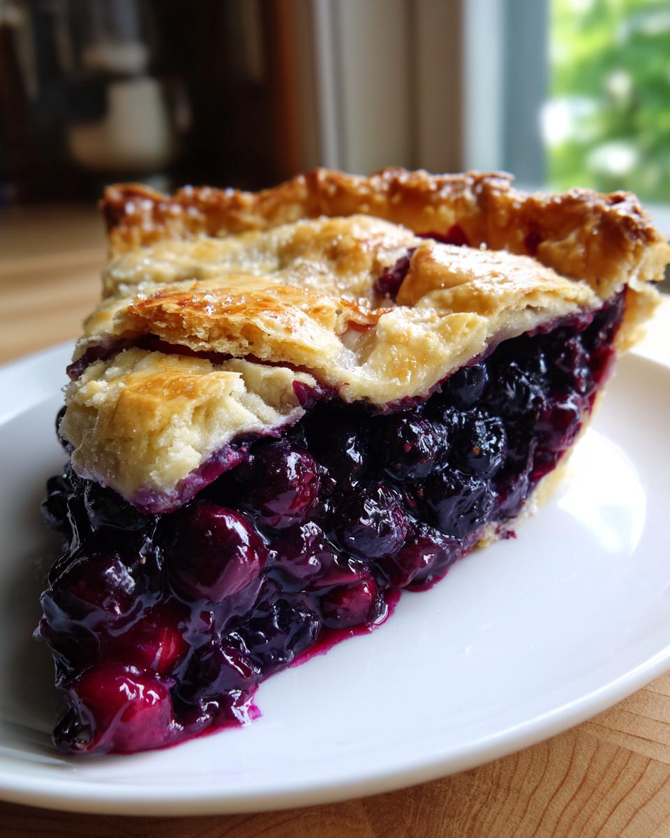 Close-up of a thick slice of blueberry pie recipe showing juicy filling and flaky crust.
