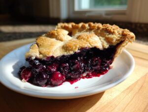 Close-up of a thick slice of blueberry pie recipe showing juicy filling and flaky crust.