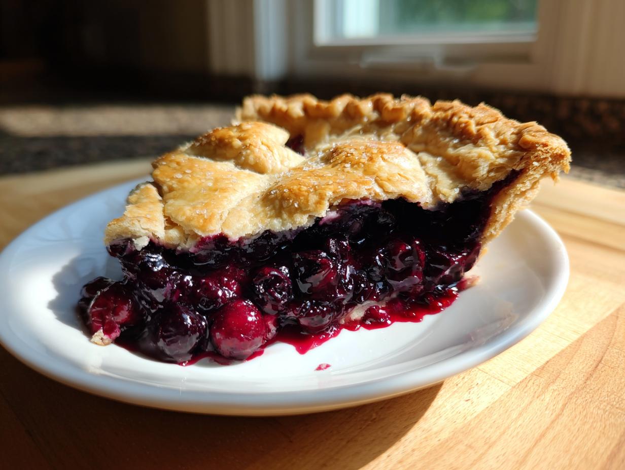 Close-up of a thick slice of blueberry pie recipe showing juicy filling and flaky crust.