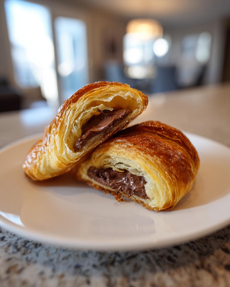 A flaky, golden brown chocolate croissant cut in half on a white plate, revealing melted chocolate filling.