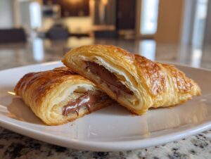 A golden brown chocolate croissant cut in half, revealing the melted chocolate filling inside.