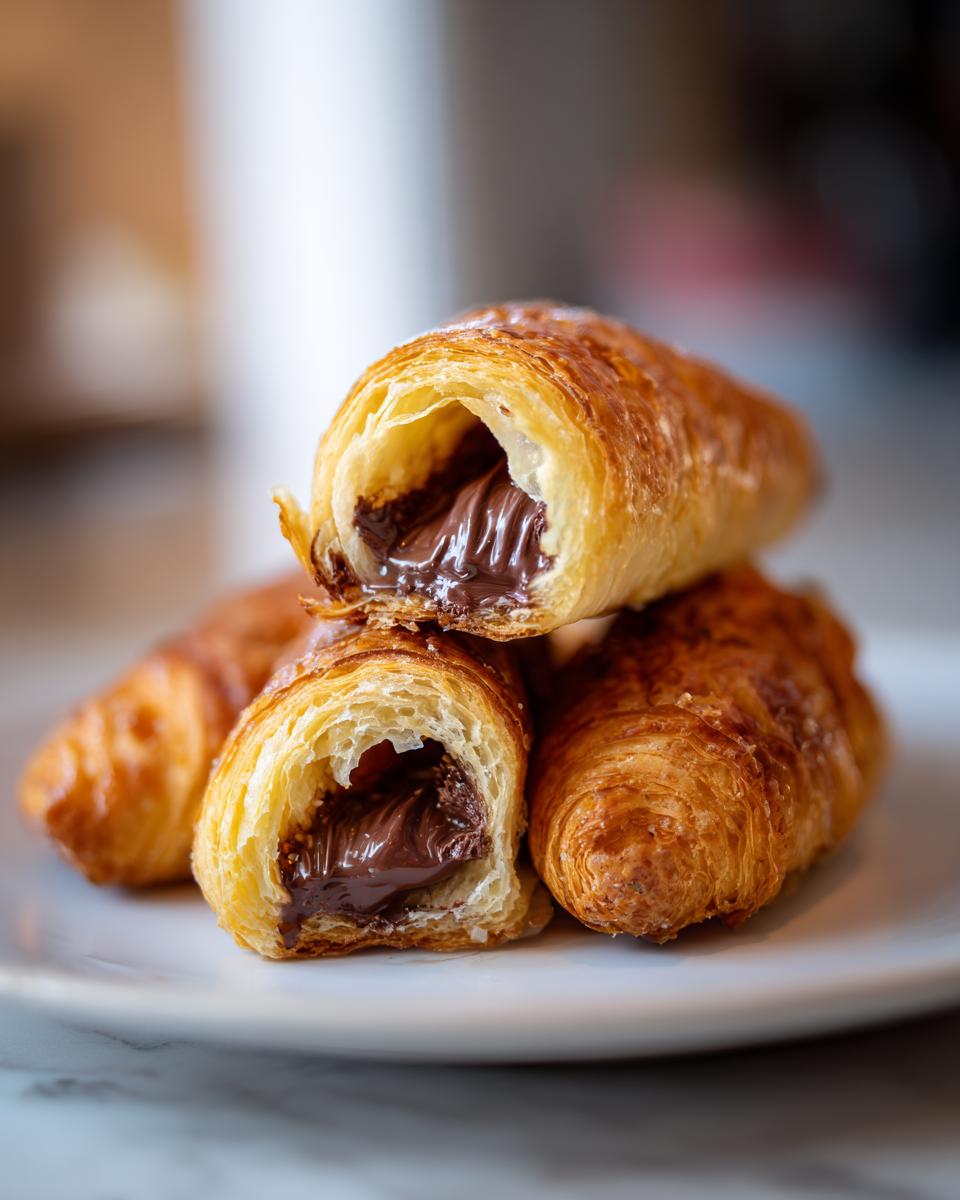 Close-up of flaky chocolate croissant halves revealing gooey melted chocolate filling.