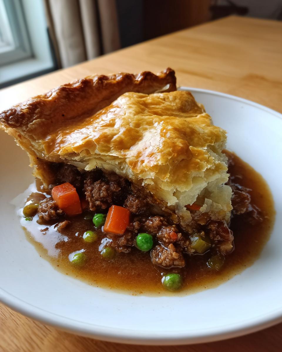 A close-up of a slice of amazing meat pie with a flaky golden crust, served in rich gravy with beef, carrots, and peas.