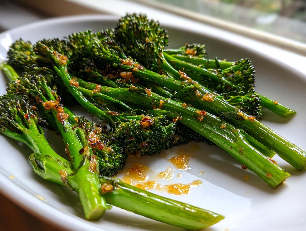 Close-up of bright green, perfectly cooked broccolini stalks seasoned with a savory, browned garlic glaze.