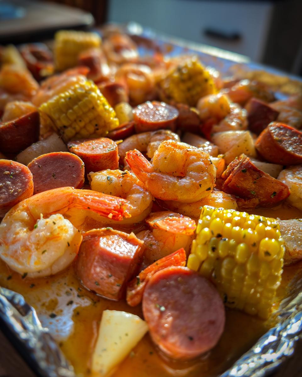 Close-up of a delicious shrimp boil featuring seasoned shrimp, smoked sausage slices, and corn on the cob.