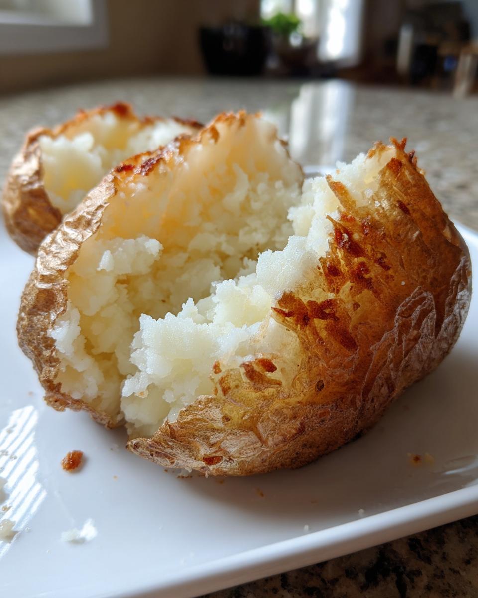 Close-up of a perfectly cooked air fryer baked potato split open, showing fluffy white interior and crispy skin.