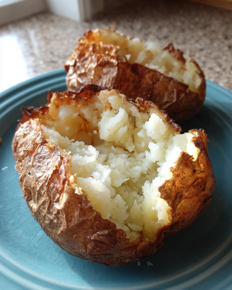 Close-up of two fluffy air fryer baked potato halves with crispy skin on a blue plate.