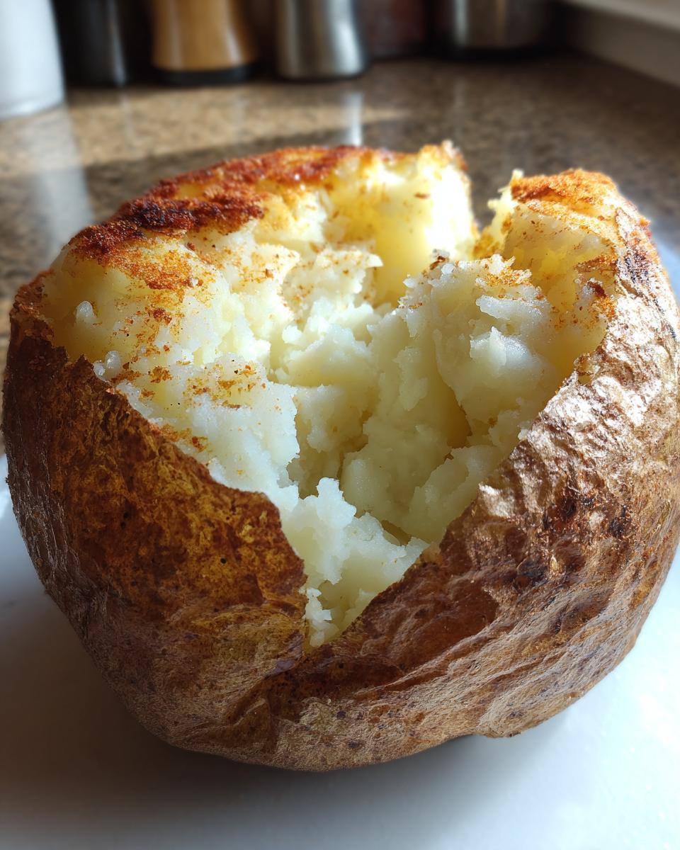 Close-up of a perfectly cooked air fryer baked potato split open to show fluffy white interior and seasoned skin.