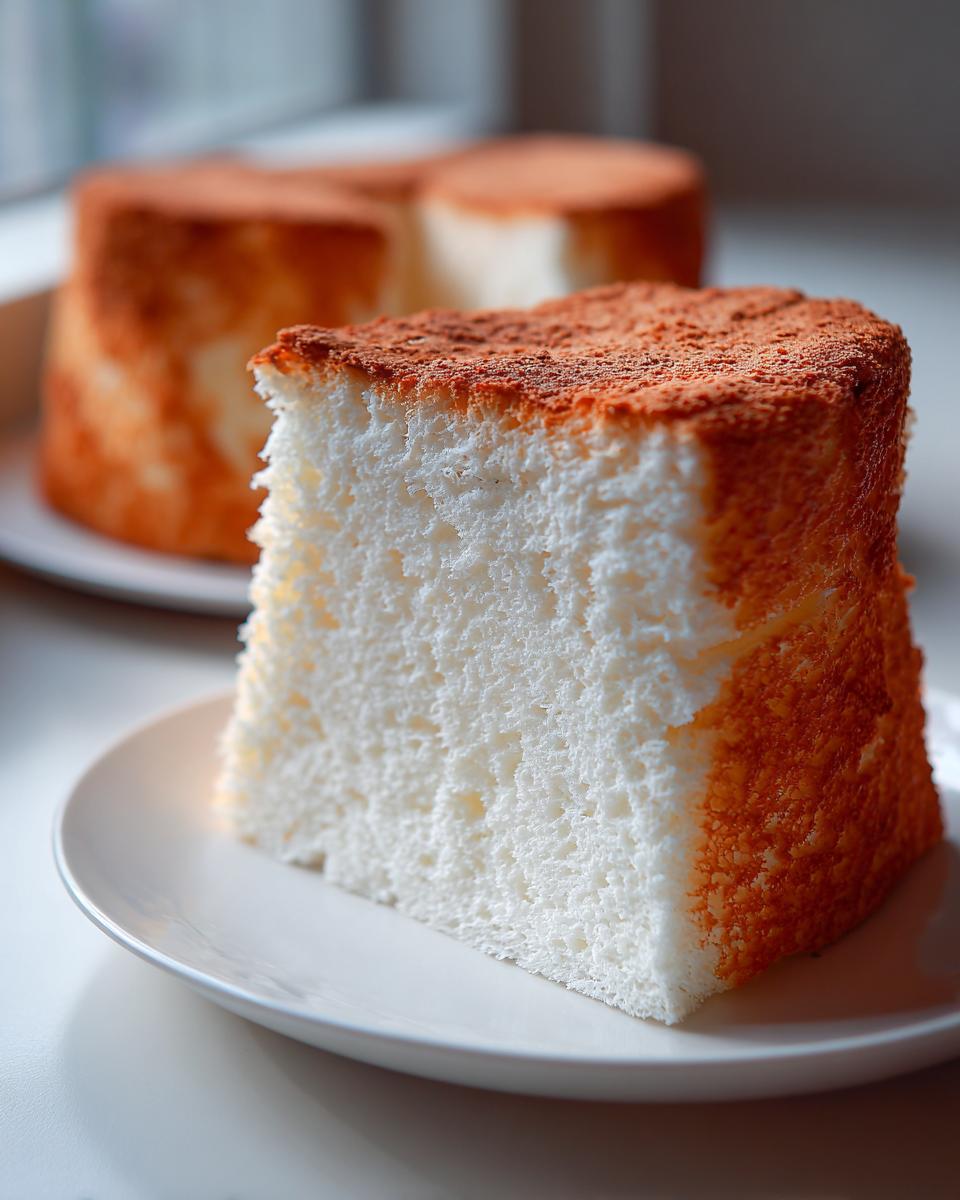 Close-up of a tall, fluffy slice of angel food cake showing its airy white interior and golden-brown crust.