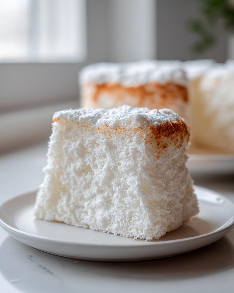 Close-up of a square slice of incredibly light and fluffy angel food cake dusted with powdered sugar.
