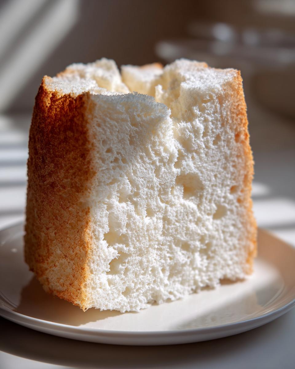 A close-up of a tall, fluffy slice of white angel food cake showing its airy texture and golden crust.
