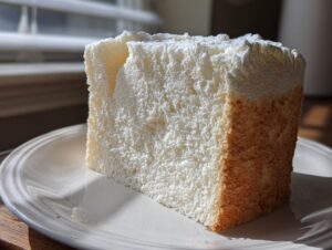 A thick, square slice of incredibly light and fluffy angel food cake resting on a white plate, showing its airy texture.
