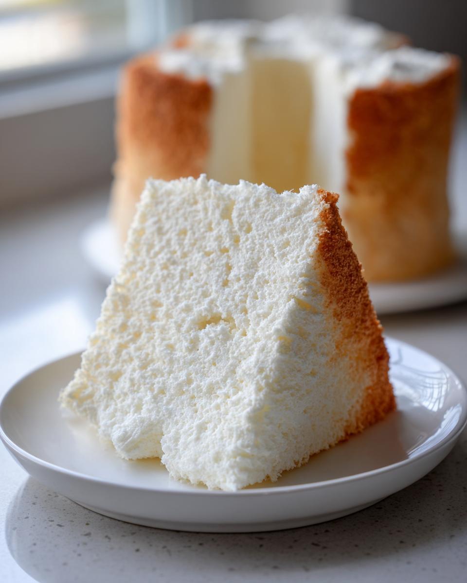 A close-up of a tall, airy slice of angel food cake resting on a small white plate.